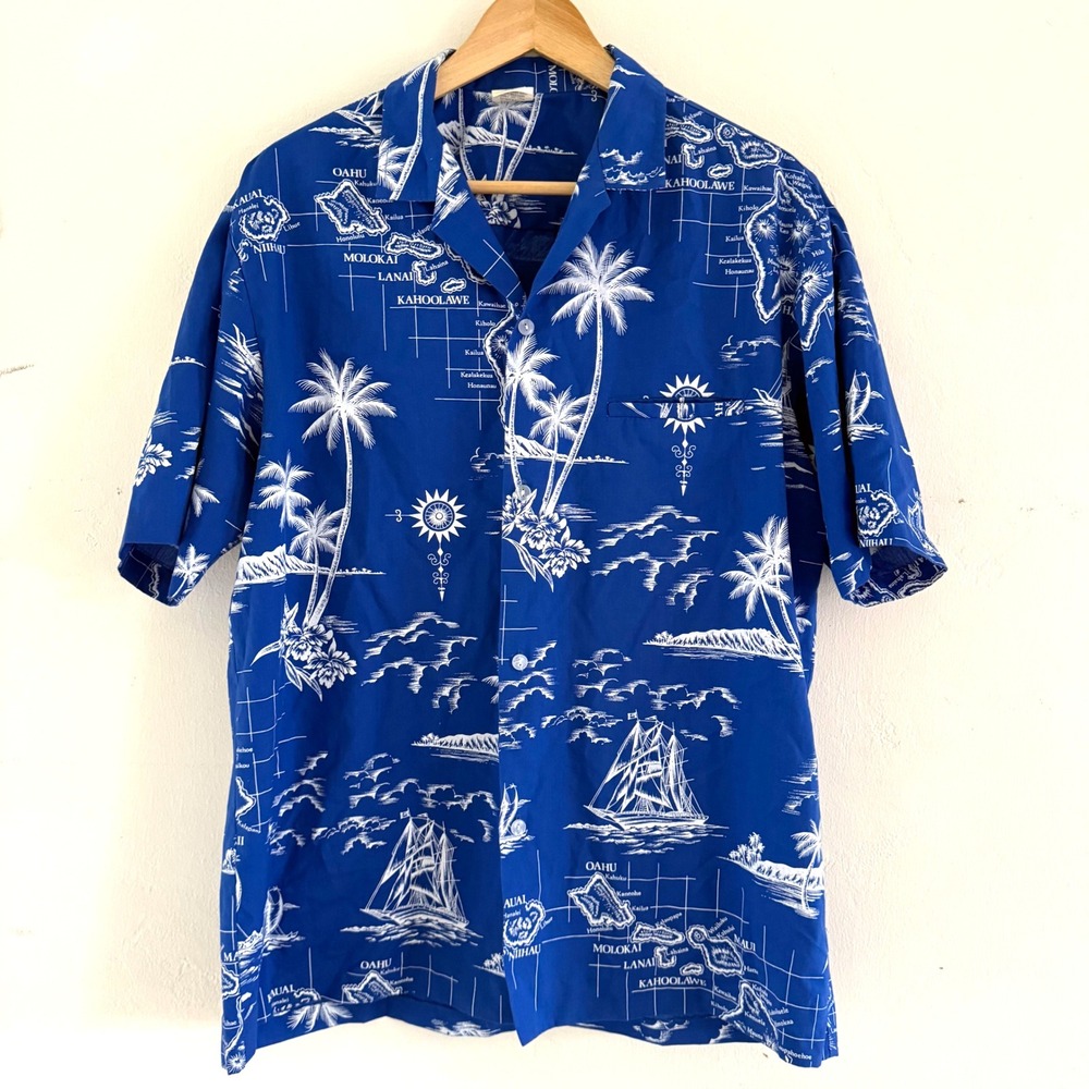 Vintage Royal Creations Hawaii Blue Hawaiian Print Button Front Shirt Mens Large